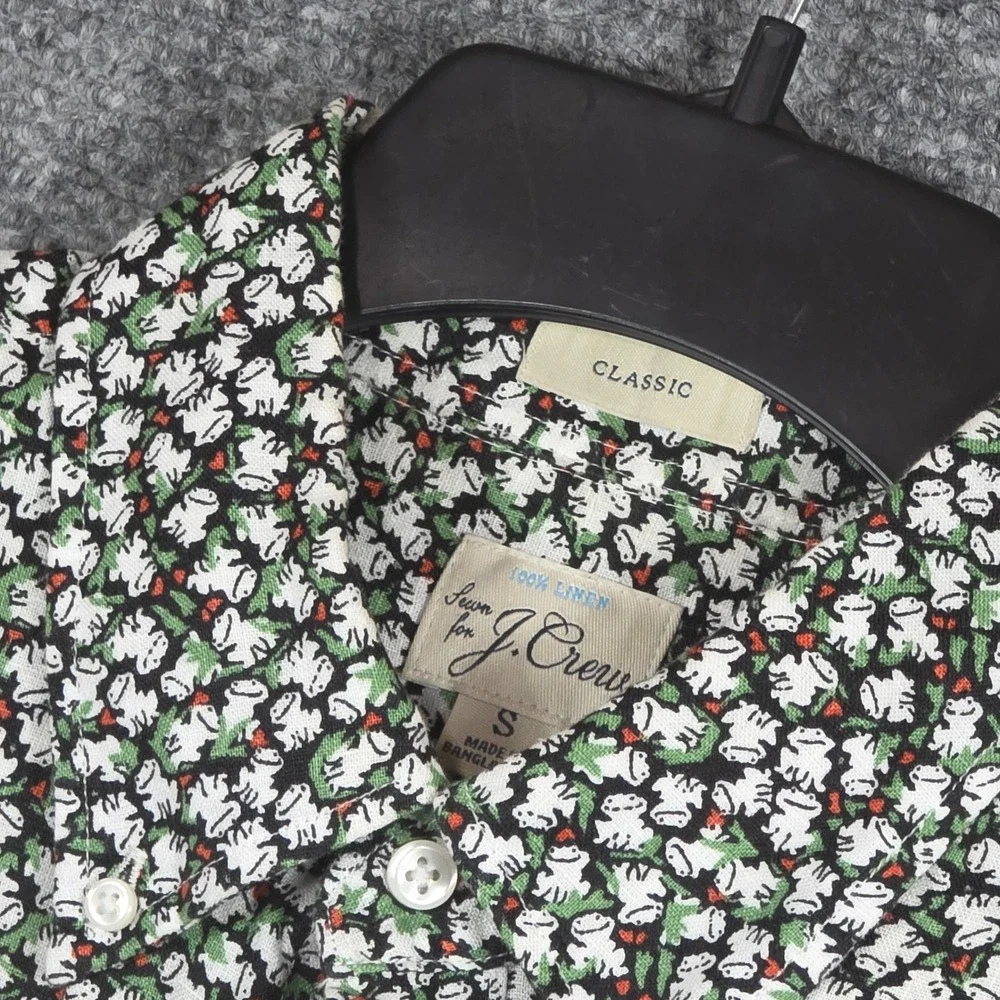 J.Crew Mens S Short Sleeve Shirt Green White Frog Print 100% Linen Classic Fit